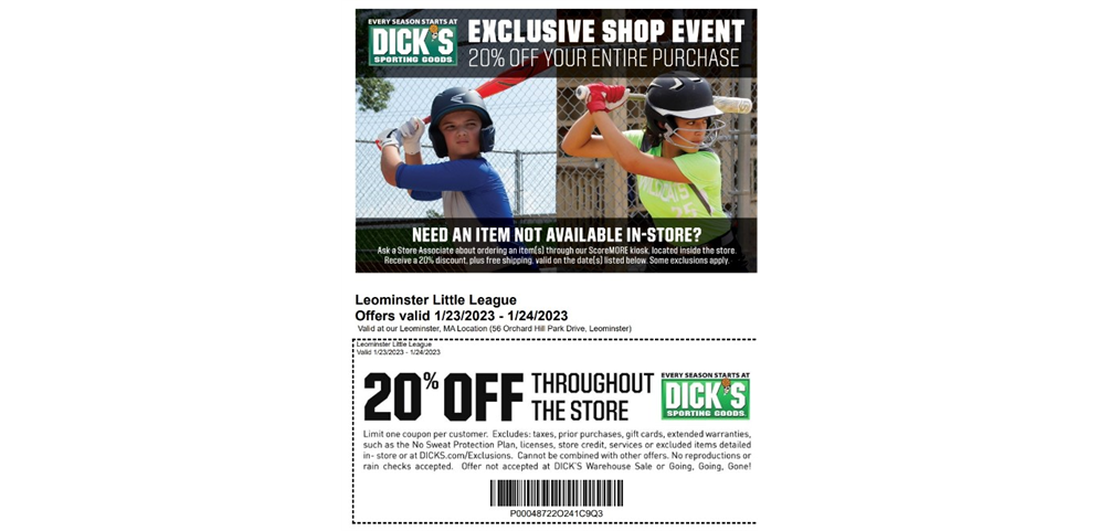 LLL Exclusive 20% Discount at Dick's Jan 23/24 ONLY